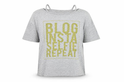 Minoti Girls Grey   Basic T-Shirt Size 9-10 Years  - slogan cut out shoulders
