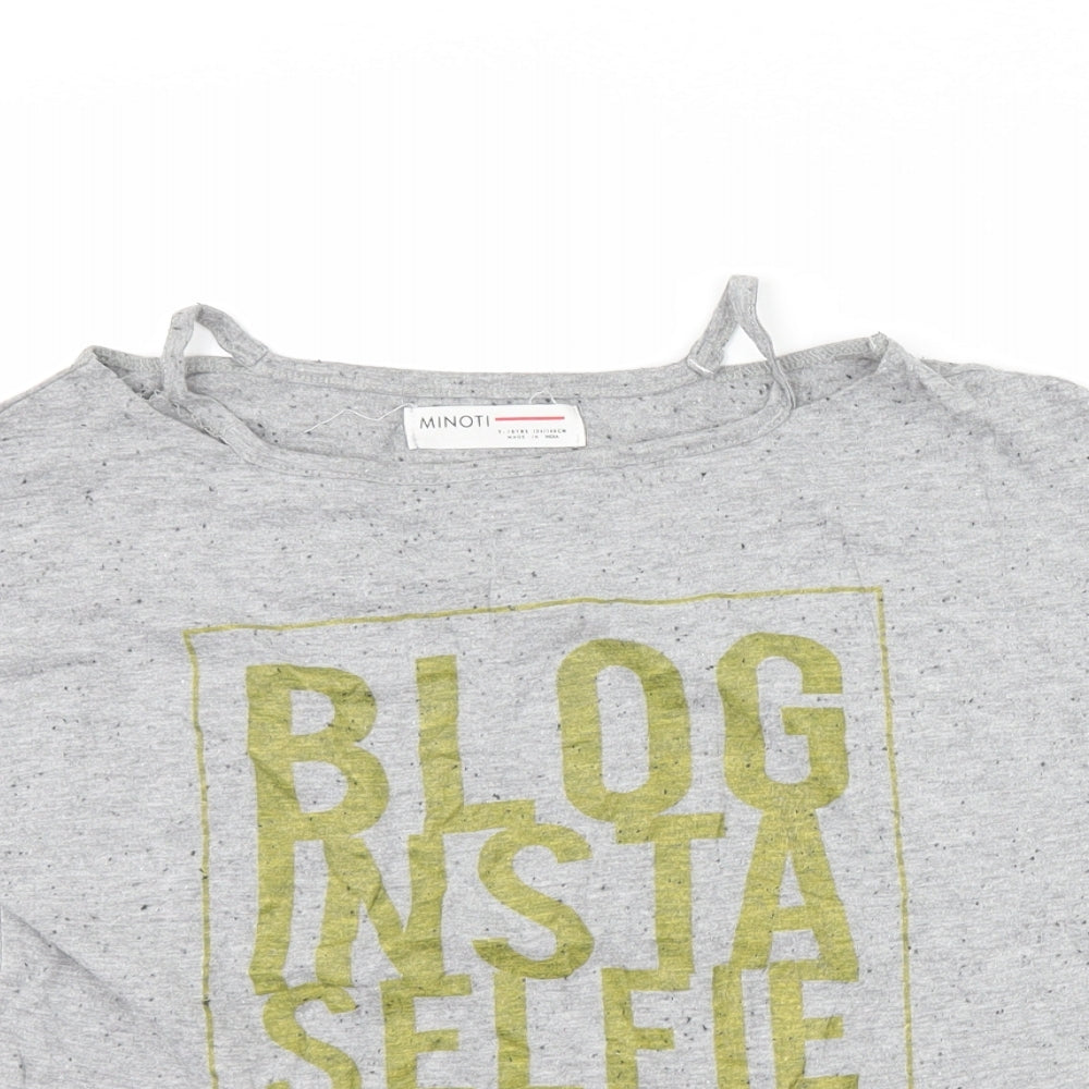 Minoti Girls Grey   Basic T-Shirt Size 9-10 Years  - slogan cut out shoulders