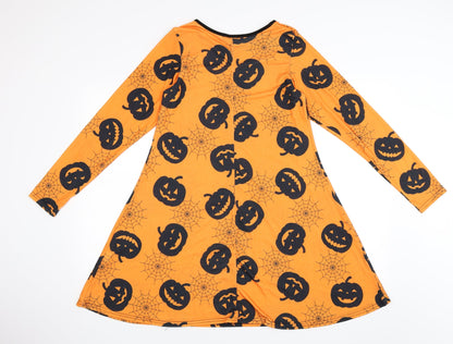 Miss Look Womens Orange   T-Shirt Dress  Size S  - Pumpkins and Spider Webs
