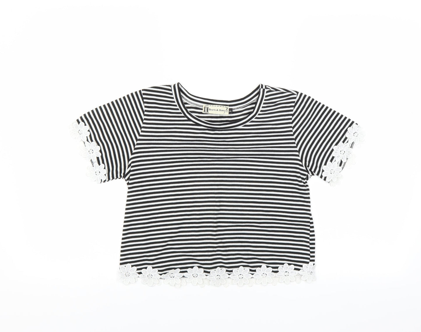 Womens UK Size 8 Hearts & Bows Black Basic T-Shirt