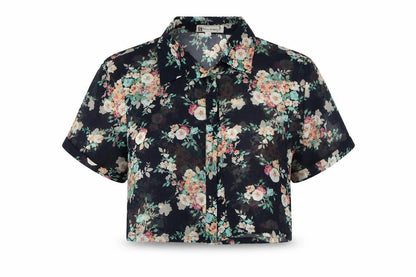 heart & bows Womens Blue Floral  Cropped Button-Up Size 10