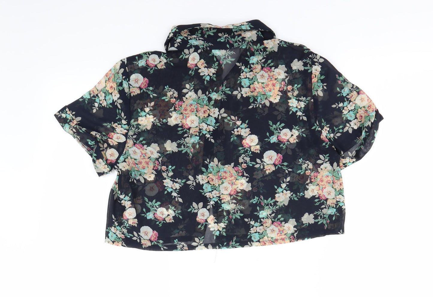 heart & bows Womens Blue Floral  Cropped Button-Up Size 10