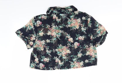 heart & bows Womens Blue Floral  Cropped Button-Up Size 10