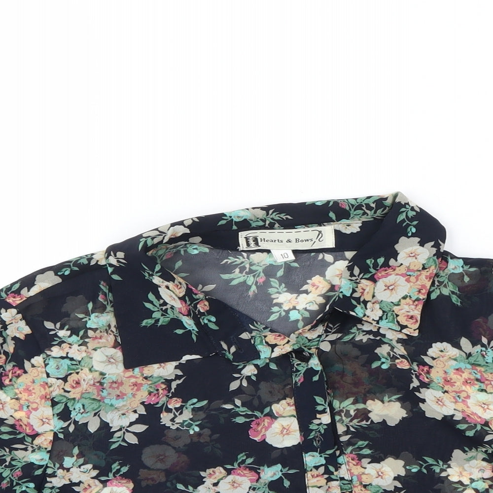 heart & bows Womens Blue Floral  Cropped Button-Up Size 10