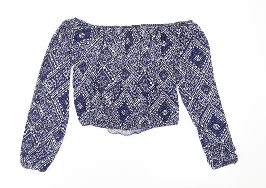 Divided Womens Blue Floral Jersey Cropped Blouse Size S