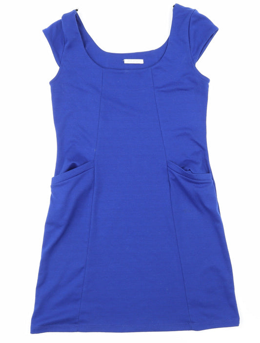 Front view of just ginger women’s blue skater dress, size M