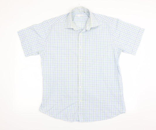Mens UK Size 16 BHS Blue  Button-Up Short Sleeve Casual Shirt