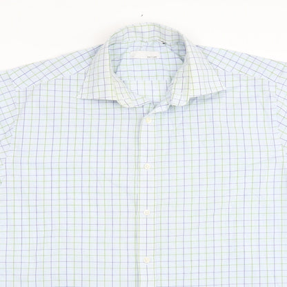 Mens UK Size 16 BHS Blue  Button-Up Short Sleeve Casual Shirt