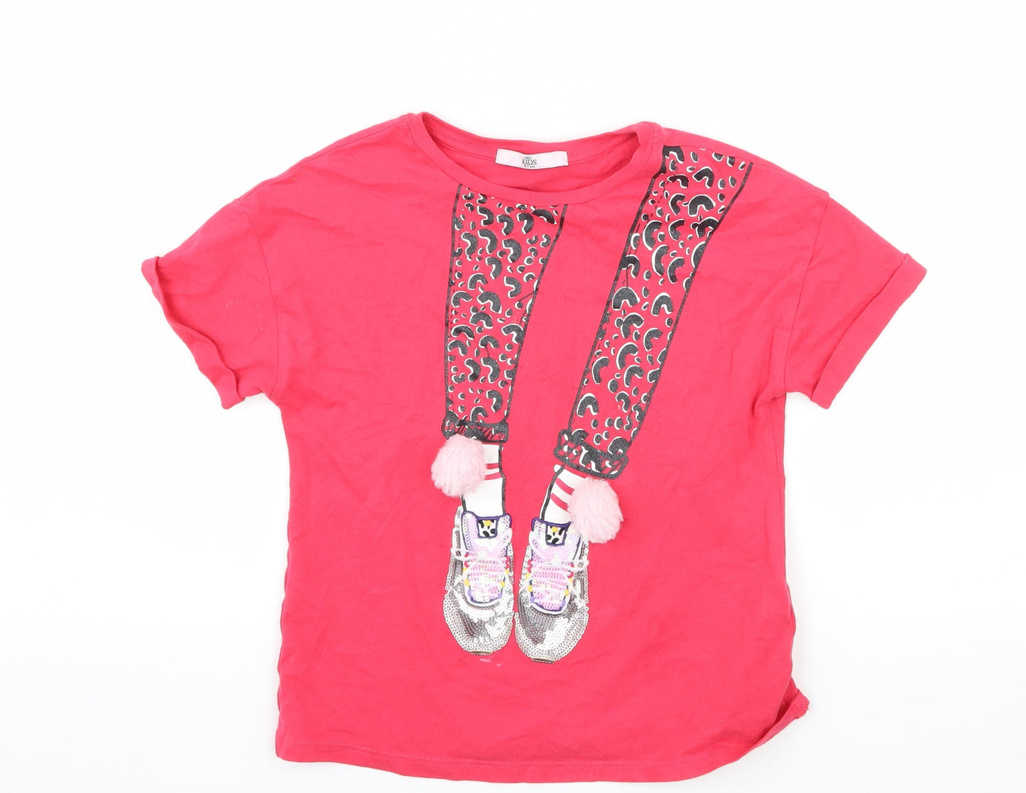Marks and Spencer Girls Pink  Jersey Basic T-Shirt Size 6-7 Years  - Pom Poms