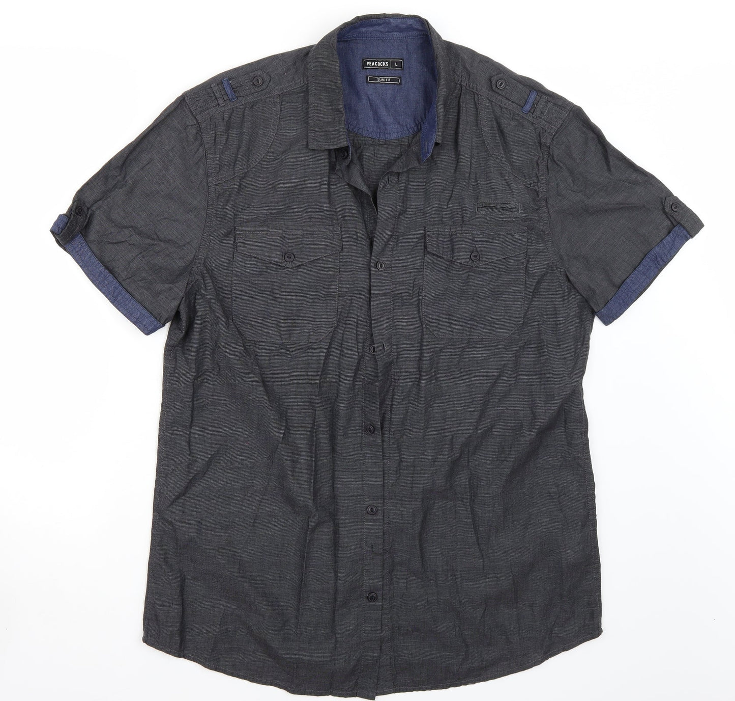 Mens UK Size L Peacocks Grey  Button-Up Short Sleeve Casual Shirt