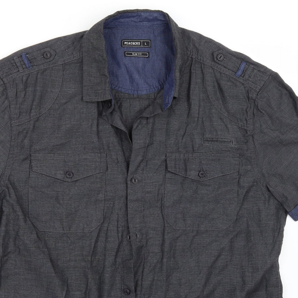 Mens UK Size L Peacocks Grey  Button-Up Short Sleeve Casual Shirt
