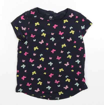 H&M Girls Blue Floral  Basic T-Shirt Size 5-6 Years
