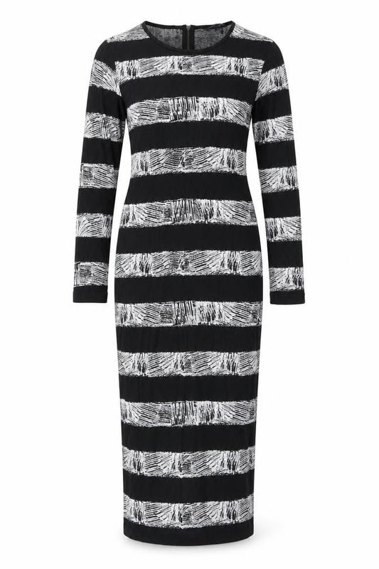 Front view of French Connection women’s black striped bodycon, size UK 10