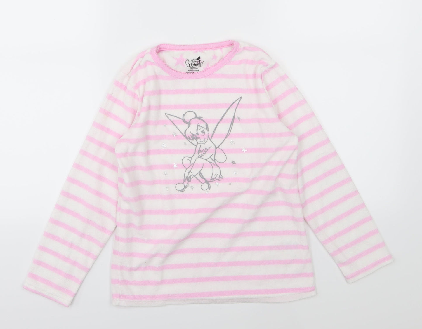 Primark Girls White Striped Fleece Top Pyjama Top Size 9-10 Years  - Disney Tinkerbell