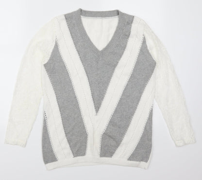 Preworn Womens Grey Striped Lace Pullover Jumper Size S