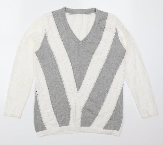 Preworn Womens Grey Striped Lace Pullover Jumper Size S