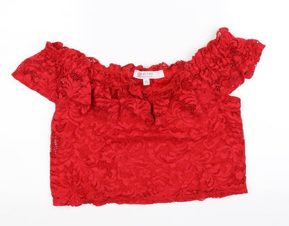 Miss Selfridge Womens Red Floral Lace Cropped T-Shirt Size 12