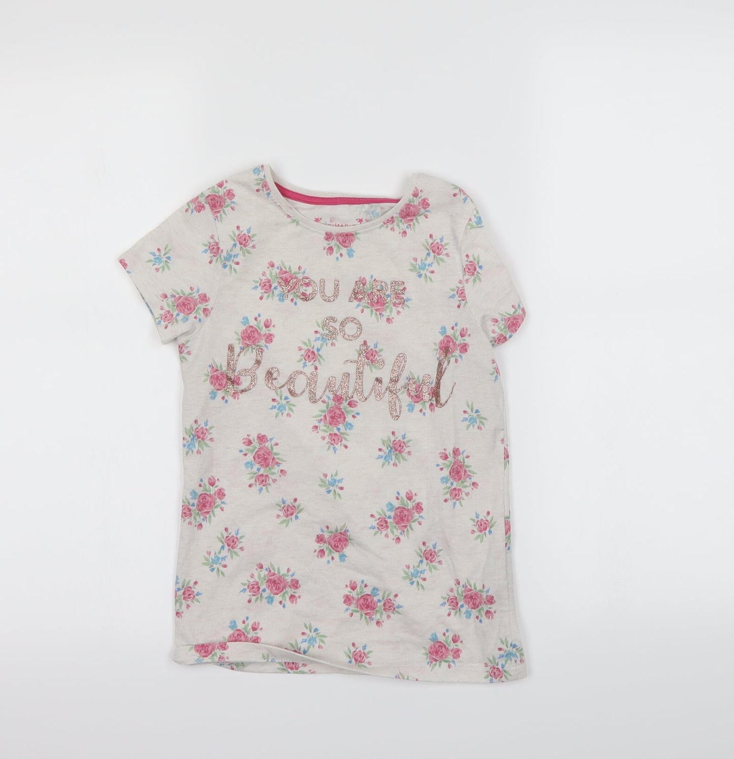 Primark Girls Beige Floral  Basic T-Shirt Size 8-9 Years