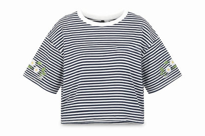 round Womens Blue Striped  Basic T-Shirt Size M
