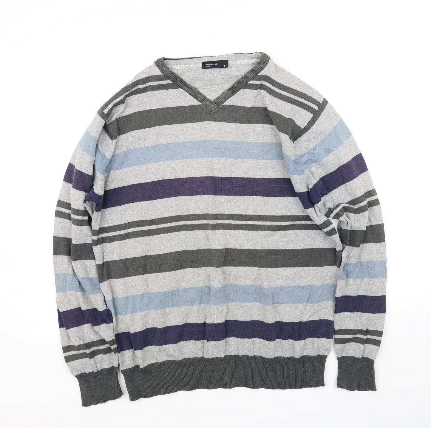 Cedar Wood State Mens Grey Striped  Pullover Jumper Size L
