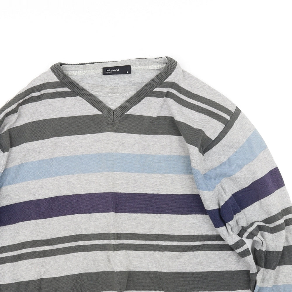 Cedar Wood State Mens Grey Striped  Pullover Jumper Size L