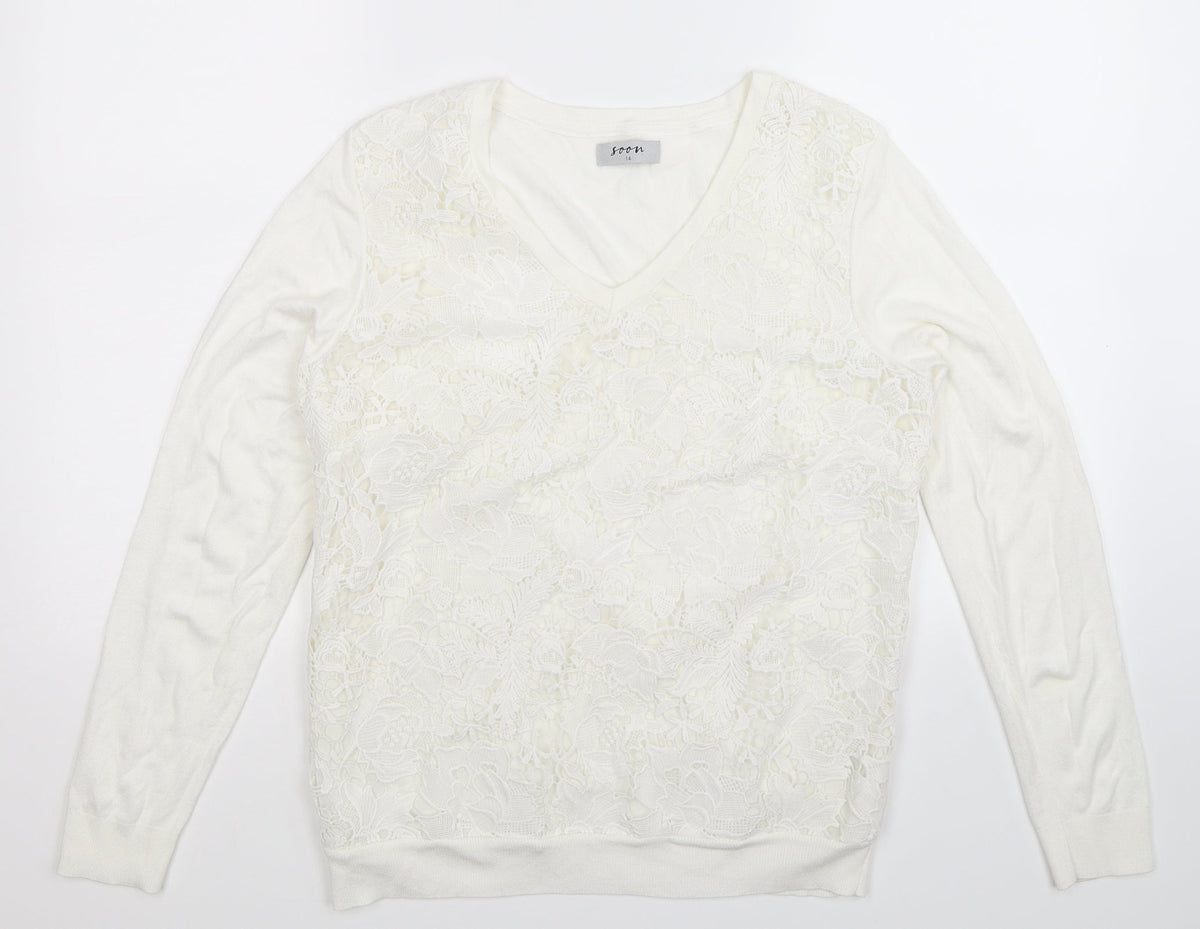 Soon Womens White  Knit Pullover Jumper Size 14