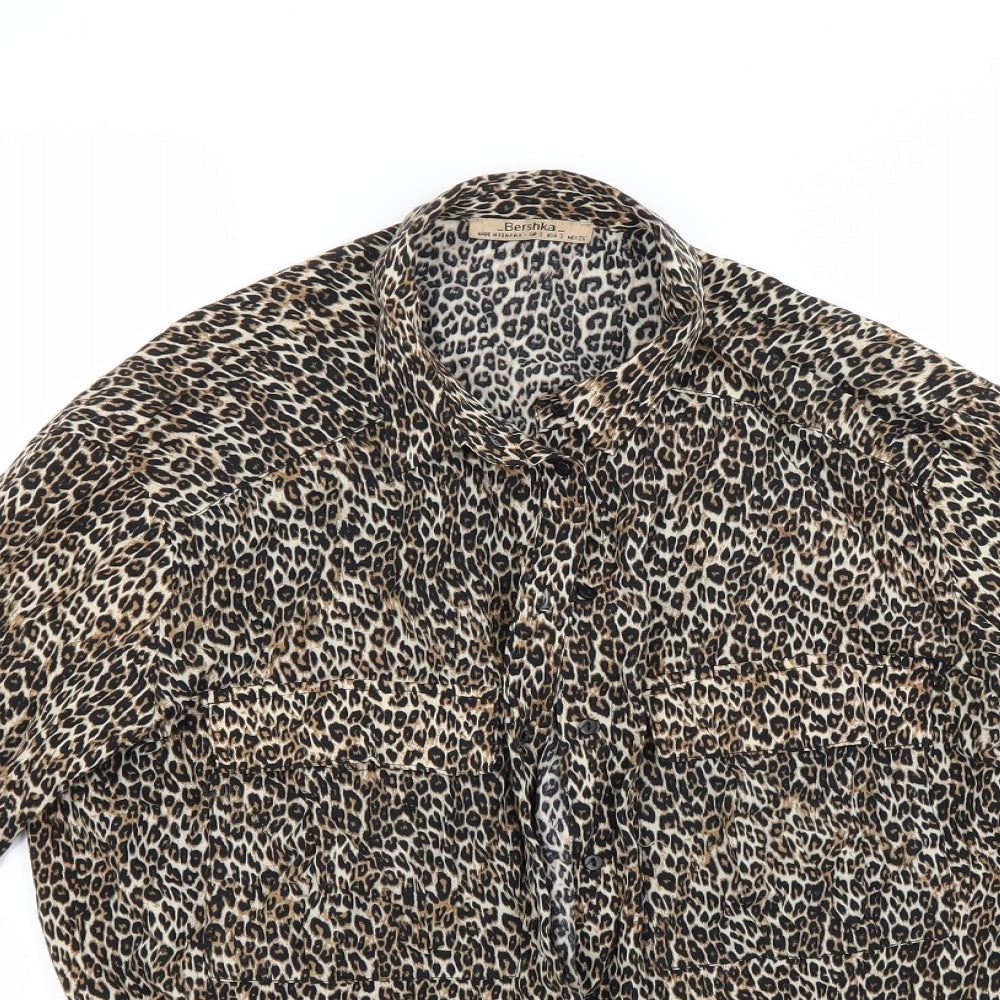 Womens UK Size S Bershka Brown Basic Button-Up