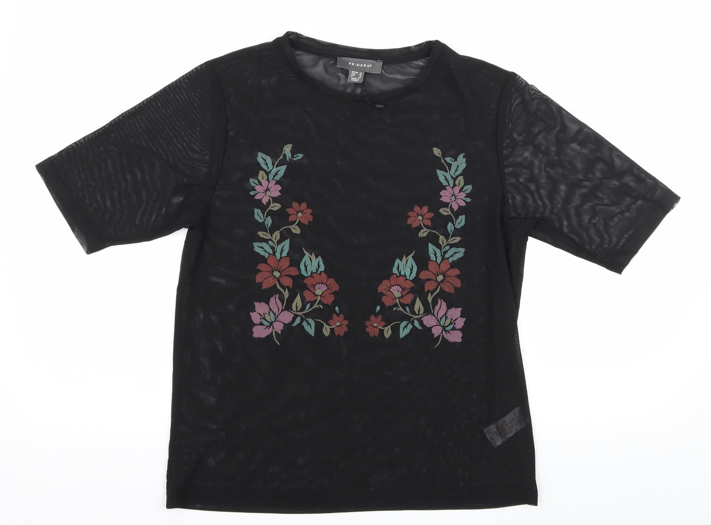 Primark Womens Black Floral Mesh Basic T-Shirt Size 12