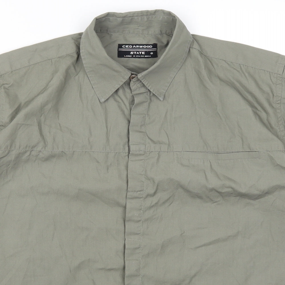 Mens UK Size L Cedar Wood State Green  Button-Up Short Sleeve Casual Shirt