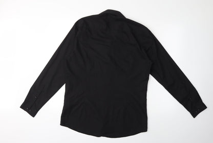 Mens UK Size 16 Cedar Wood State Black  Button-Up Long Sleeve Casual Shirt