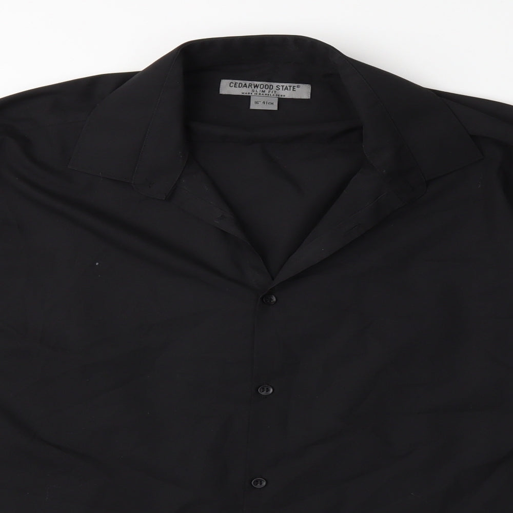 Mens UK Size 16 Cedar Wood State Black  Button-Up Long Sleeve Casual Shirt