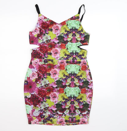 FB Fashion Womens Green Floral Satin Bodycon  Size L