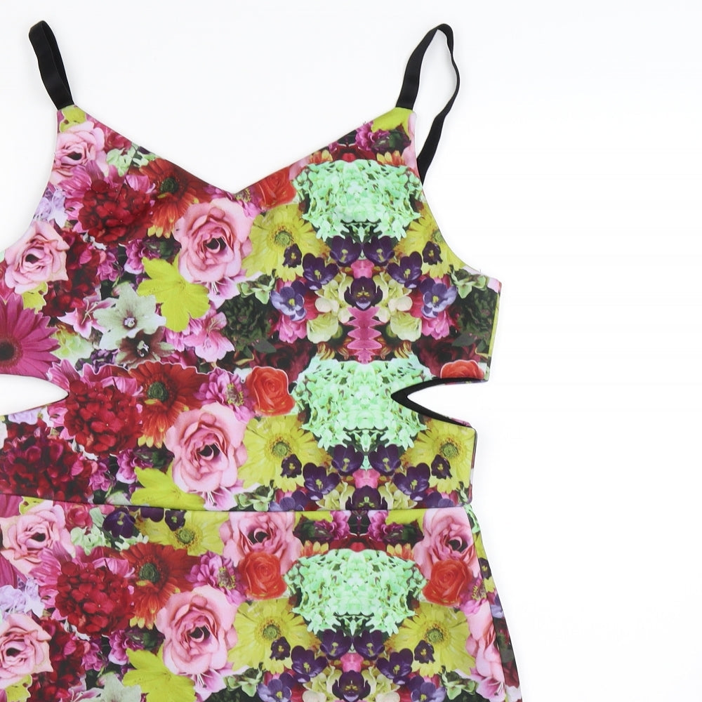 FB Fashion Womens Green Floral Satin Bodycon  Size L