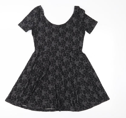 H&M Womens Grey Floral  Skater Dress  Size S