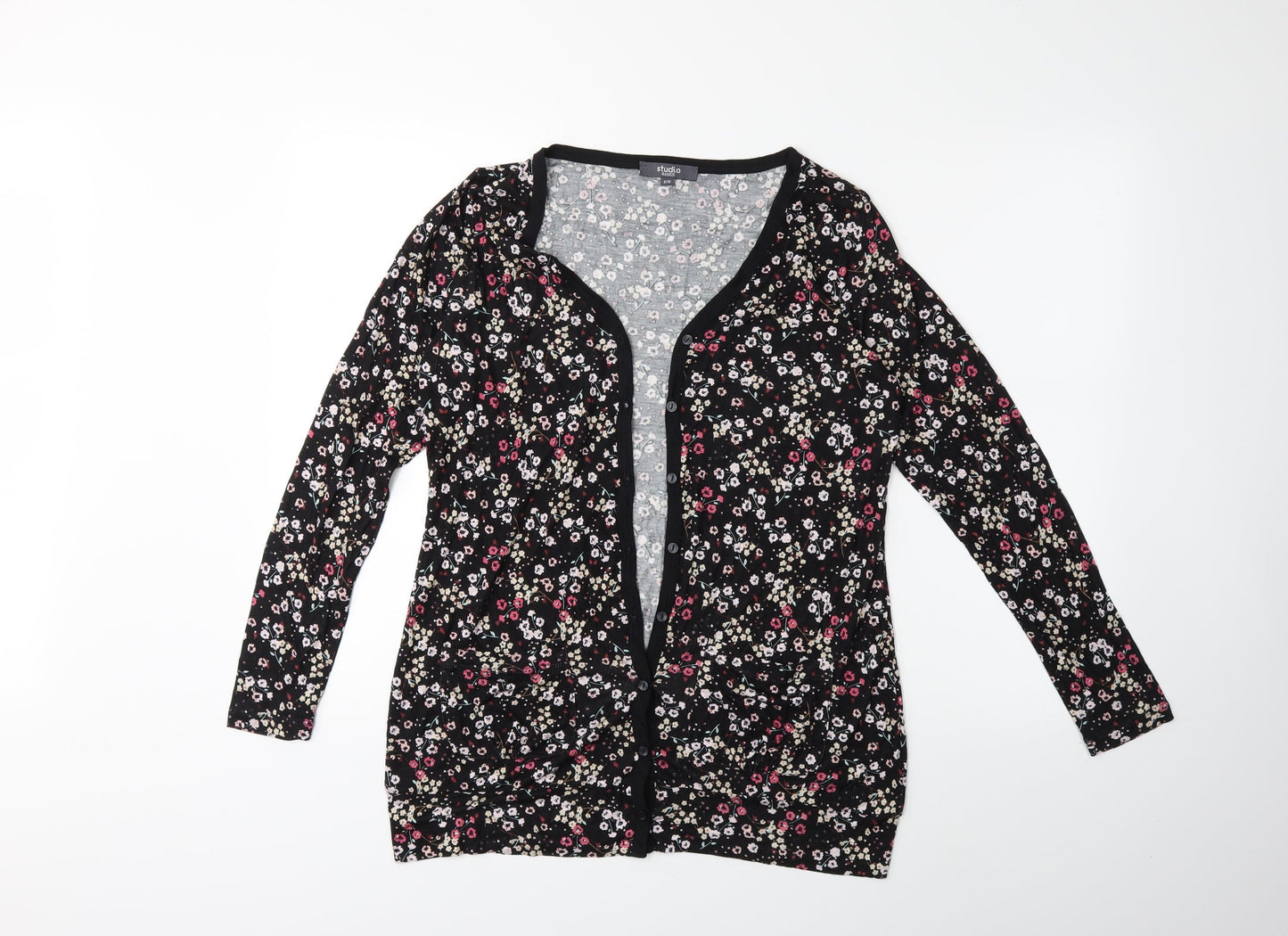 STUDIO BASICS Womens Black Floral  Cardigan Jumper Size 8