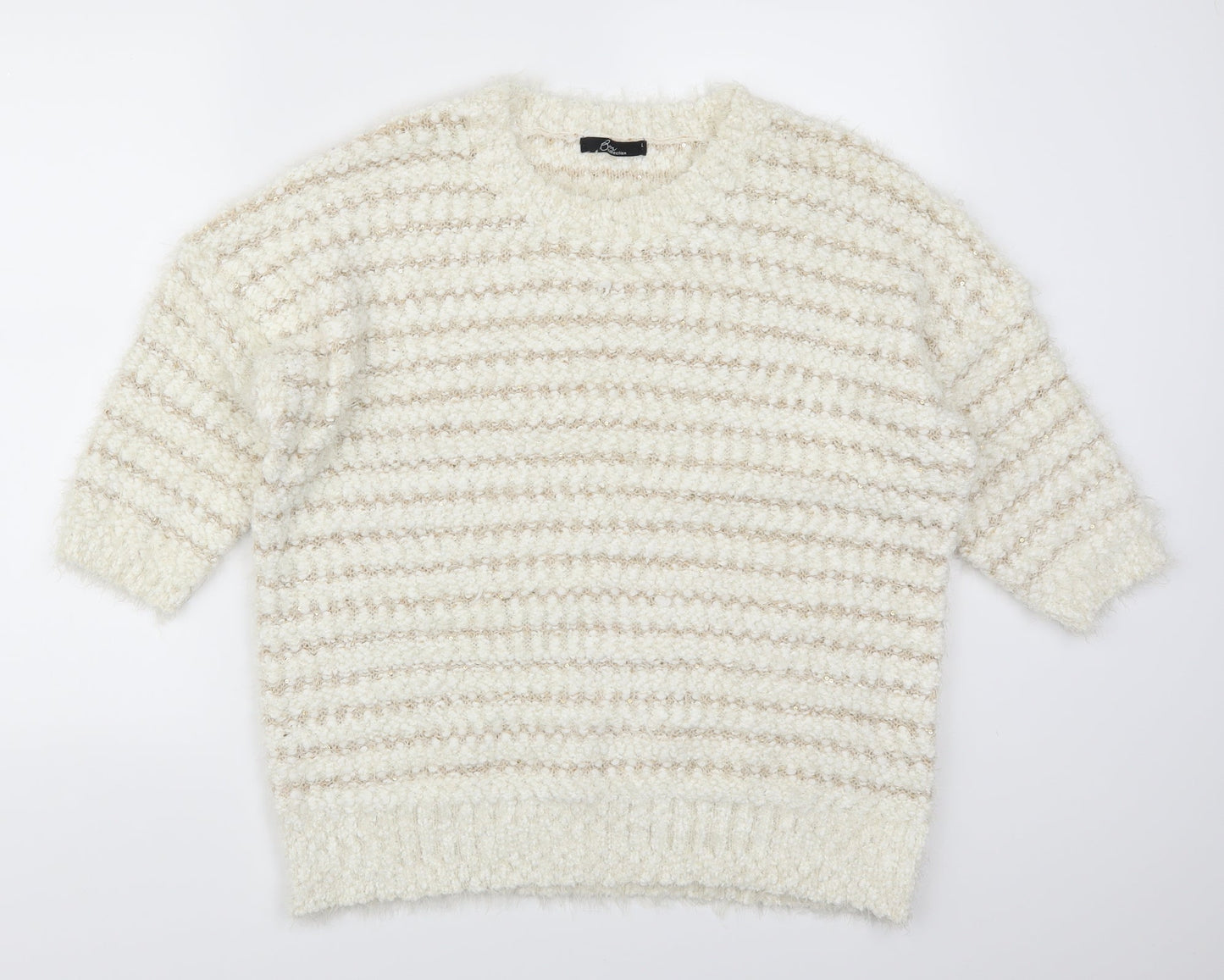 Bonmarché Womens White Striped  Pullover Jumper Size L