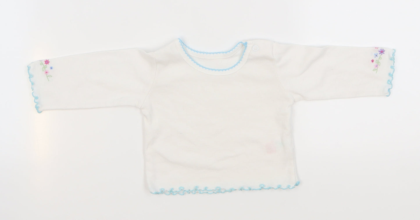 first needs  White   Basic T-Shirt Size 3-6 Months  - flowers on arms
