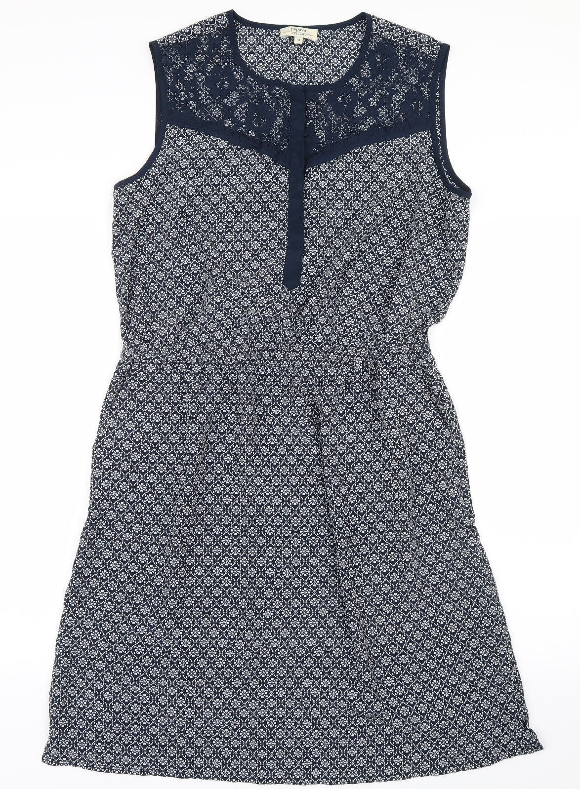 Papaya Womens Blue Geometric  Shirt Dress  Size 14  - Lace detail