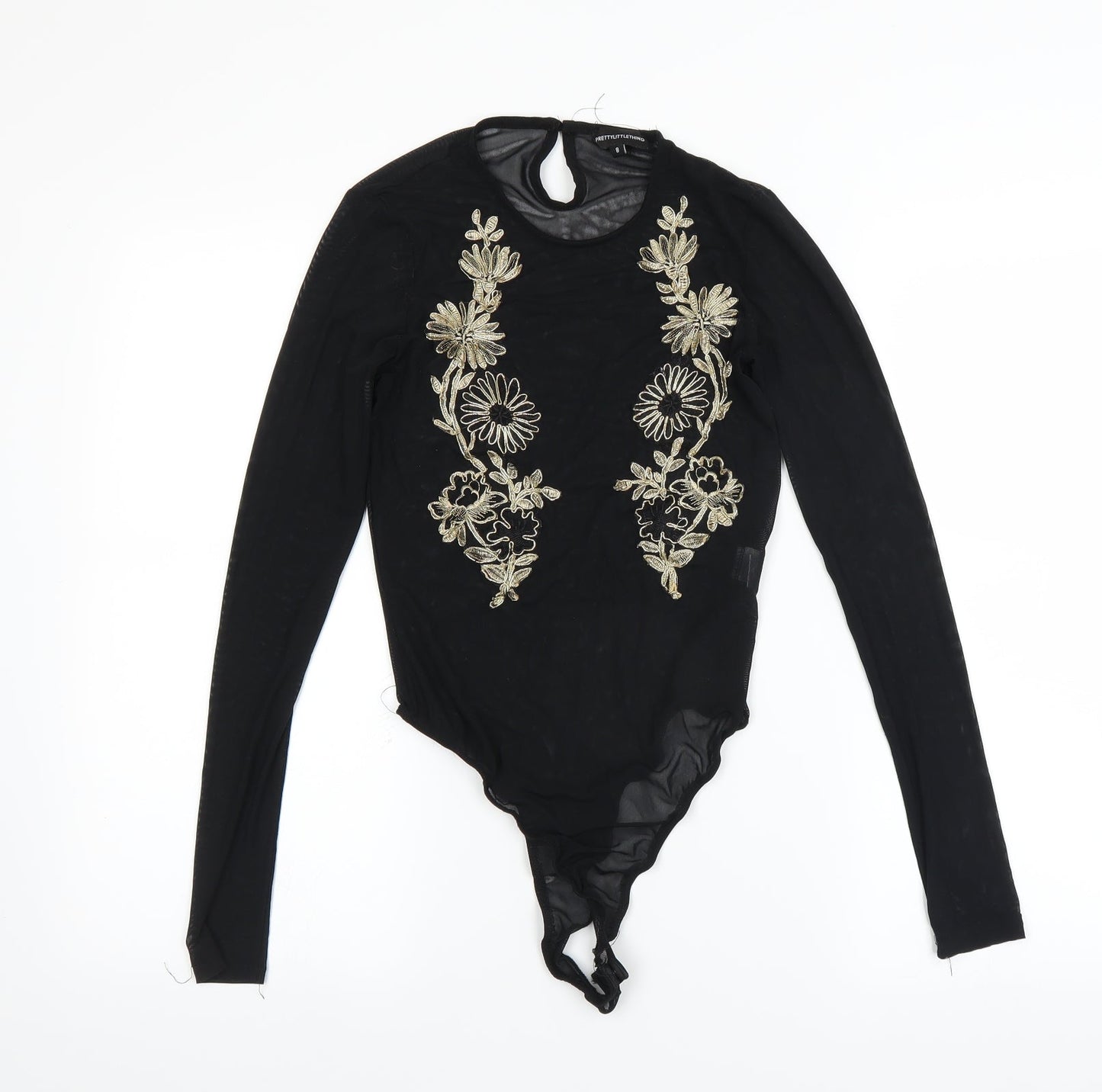 PRETTYLITTLETHING Womens Black   Bodysuit One-Piece Size 8  - Floral embroidery