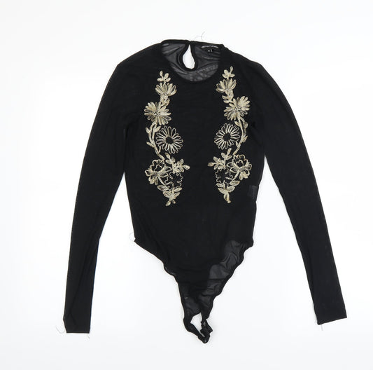 PRETTYLITTLETHING Womens Black   Bodysuit One-Piece Size 8  - Floral embroidery
