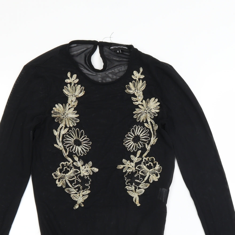 PRETTYLITTLETHING Womens Black   Bodysuit One-Piece Size 8  - Floral embroidery