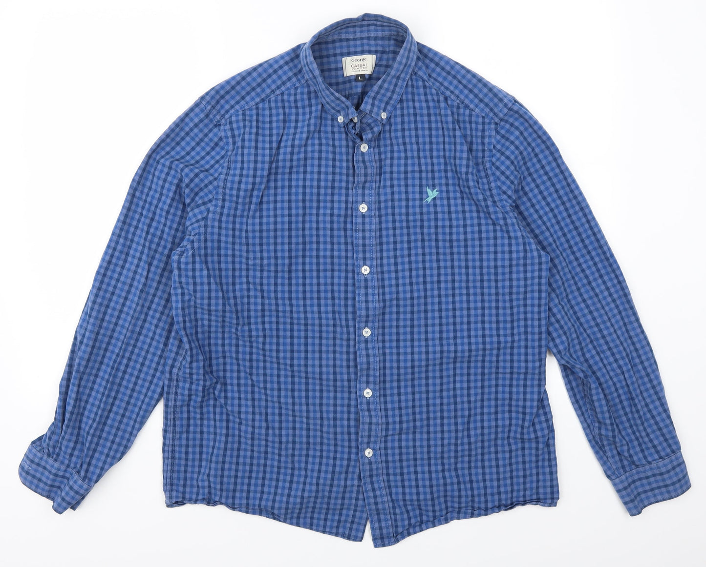 George Mens Blue Check   Button-Up Size L