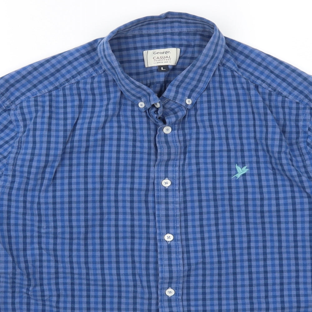 George Mens Blue Check   Button-Up Size L