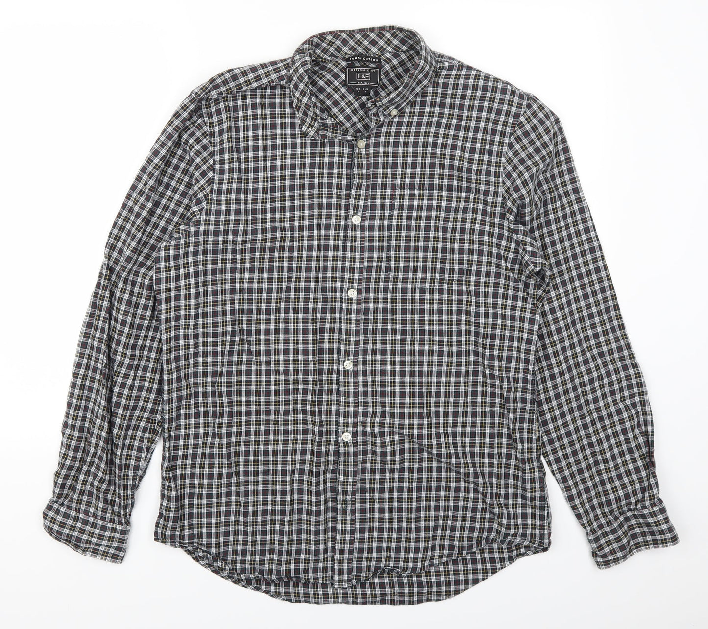 F&F Mens Grey Check Damask  Button-Up Size L  - Yellow and Red Check