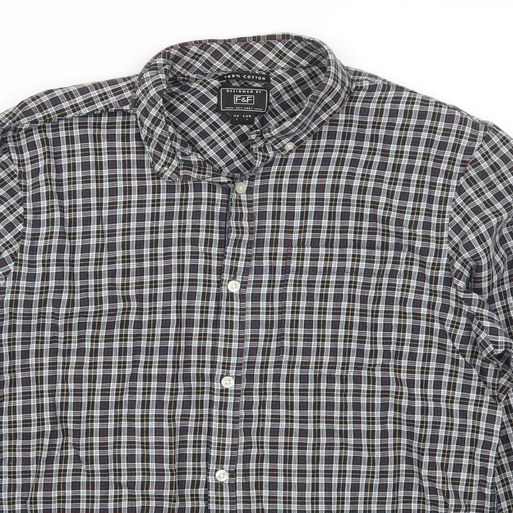 F&F Mens Grey Check Damask  Button-Up Size L  - Yellow and Red Check