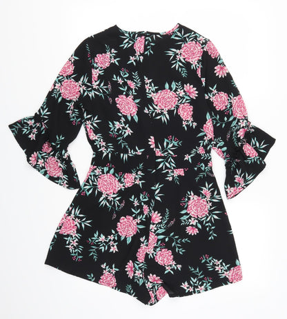 Primark Womens Black Flecked  Playsuit One-Piece Size 8 L3 in - Pink Flowers