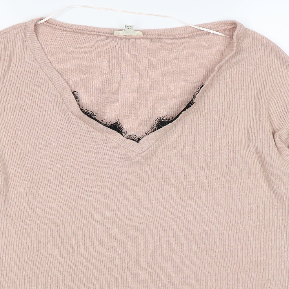River Island Womens Pink Striped Knit Pullover Jumper Size 6  - lace neckline