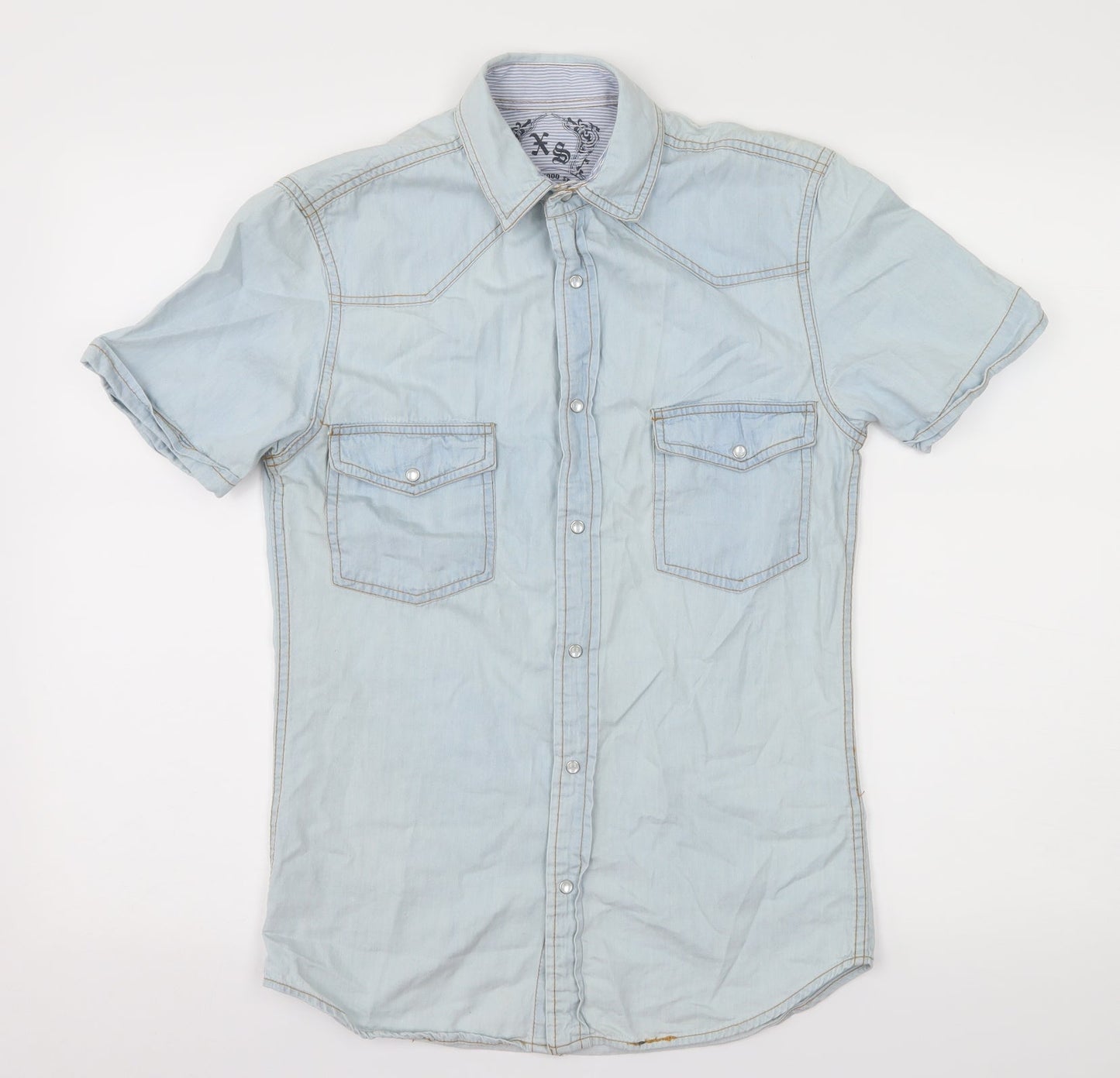 Mens UK Size XS Cedar Wood State Blue  Button-Up Short Sleeve Casual Shirt