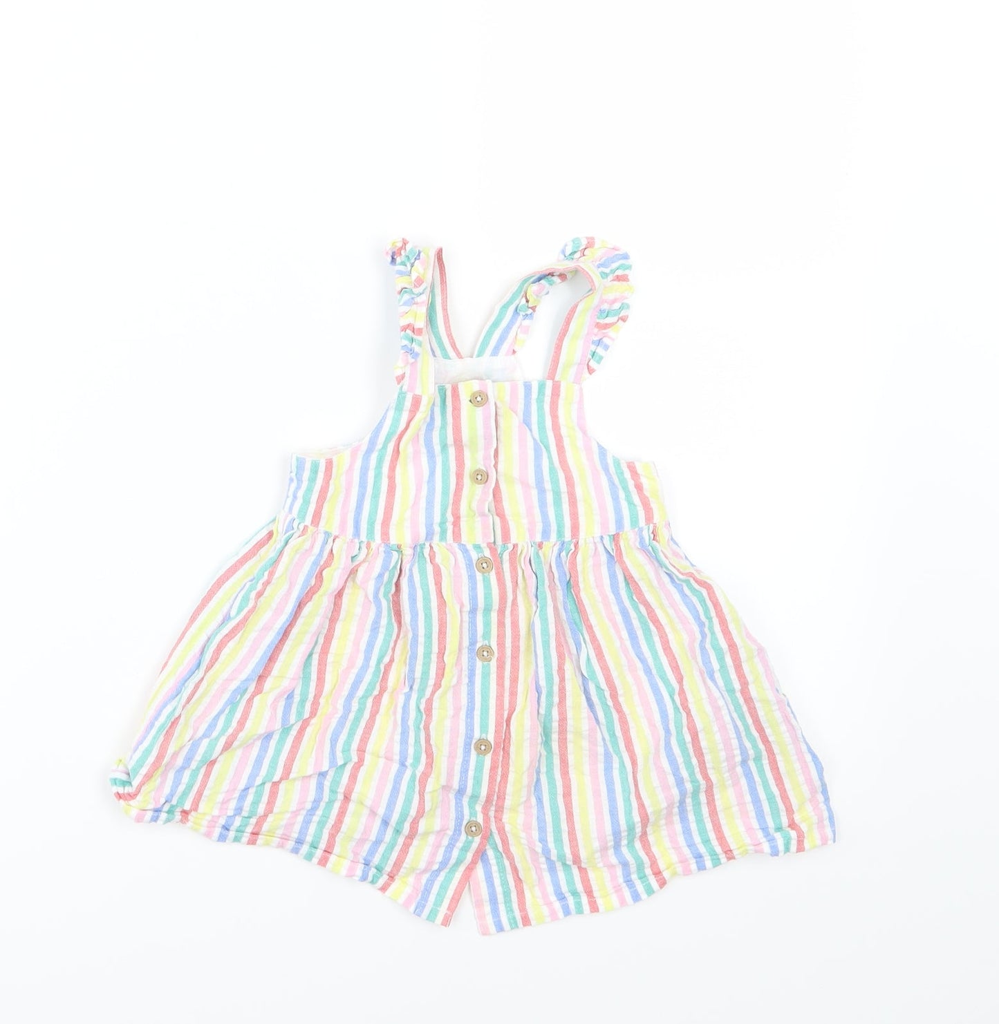 F&F Girls Multicoloured Striped Woven Pinafore/Dungaree Dress  Size 9-12 Months