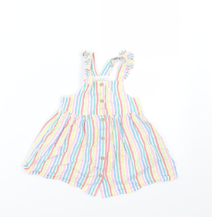 F&F Girls Multicoloured Striped Woven Pinafore/Dungaree Dress  Size 9-12 Months